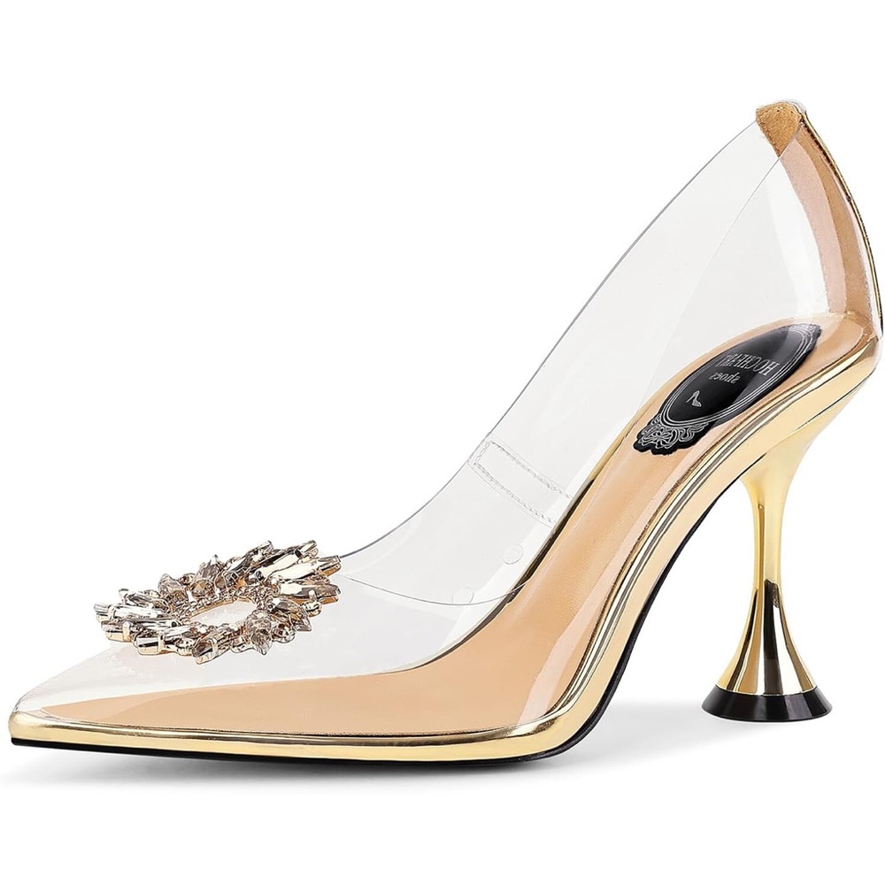 - Women's Clear Heels Rhinestones Gold Pumps Pointed Toe High Heel Sand…